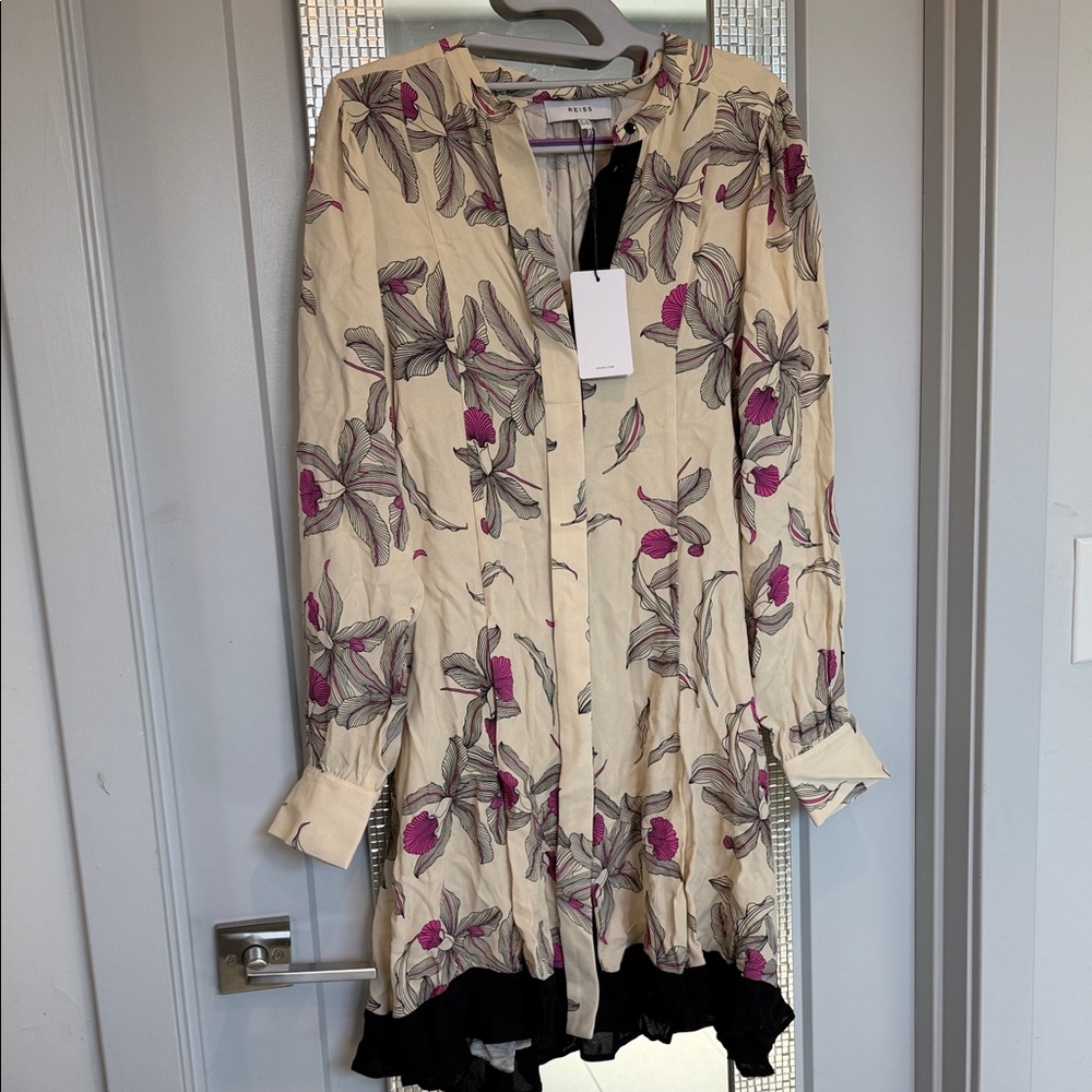Reiss Cream Floral Long-Sleeve Tunic Dress with Pink and Gray Print